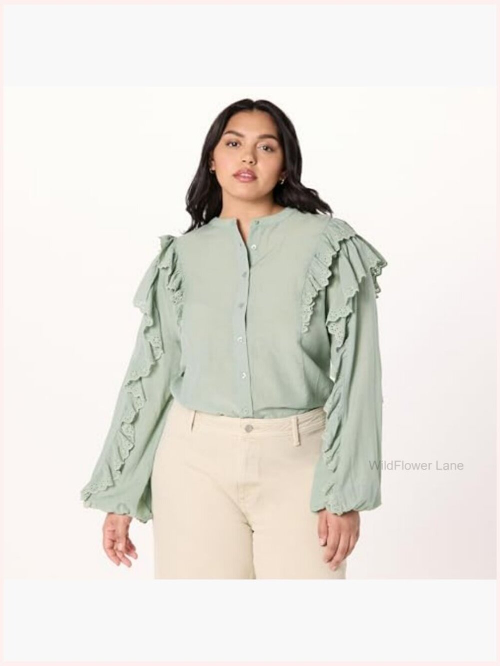 Dramatic Ruffle Sleeve Cotton Blouse - Loose Fit, Button Front - Picture 5 of 7